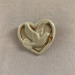 Vintage LENOX Dove Of Peace Heart Shaped Porcelain Brooch with Gold Trim